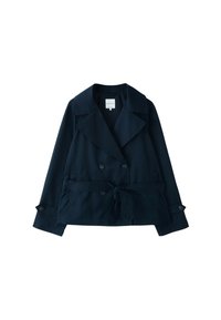 Navy blue double-breasted jacket with wide lapels, buttoned cuffs, and a tied waist belt on a white background.