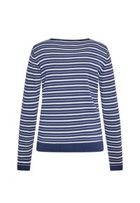 Maglione a maniche lunghe a righe blu navy e bianche, orlo e polsini a coste, scollatura arrotondata, texture a maglia liscia, progettato per una vestibilità comoda.