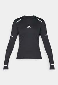 Schwarz langärmliges Sportshirt aus strukturiertem Material. Verfügt über reflektierende Akzente an Schultern und Armen, mit einem kleinen Logo in der Mitte.