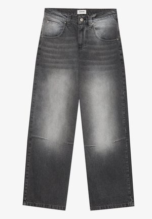 Wide-leg black denim jeans with a faded gray finish, featuring front pockets, a button closure, and slight distressing on the knees.