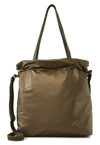 Sac fourre-tout olive avec une finition lisse et brillante. Comprend des poignées doubles et une bandoulière réglable. Haut repliable avec un détail de fermeture éclair.