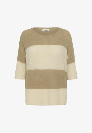Kuscheliger Kurzarmpullover mit grobem Strickmuster und breiten horizontalen Streifen in Beige- und Cremetönen, mit rundem Ausschnitt.
