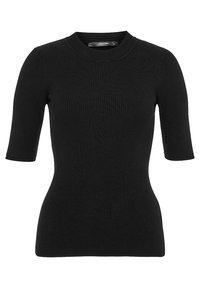 Musta ribbineuloksinen lyhythihainen pusero, jossa pyöreä pääntie, istuva siluetti ja pehmeä pinta. Ei näkyviä kuvioita tai yksityiskohtia.