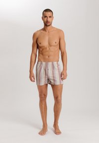 Boxer in cotone leggero a quadri per uomo, con una texture morbida, caratterizzati da strisce verticali in colori pastello e una cintura elastica.