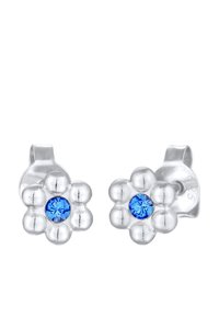 Silverblommiga örhängen med en central blå ädelsten. Varje blad är runt, med en polerad yta och subtila detaljer.