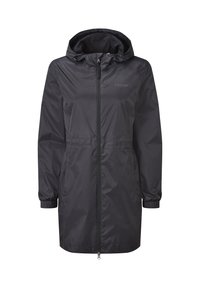 Black waterproof jacket with a hood, featuring a full front zipper, elastic cuffs, and subtle branding on the chest. Lightweight fabric.