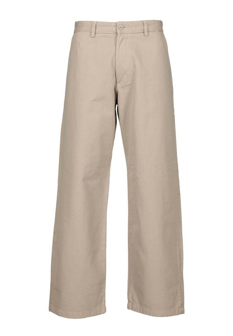 Beige cotton trousers with a wide-leg design, featuring a front button closure and belt loops. Smooth texture with a subtle sheen.