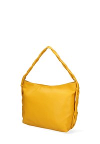 Borsa a spalla in pelle gialla con manico intrecciato, texture liscia, forma rettangolare e chiusura con cerniera. Nessun hardware visibile o motivi.