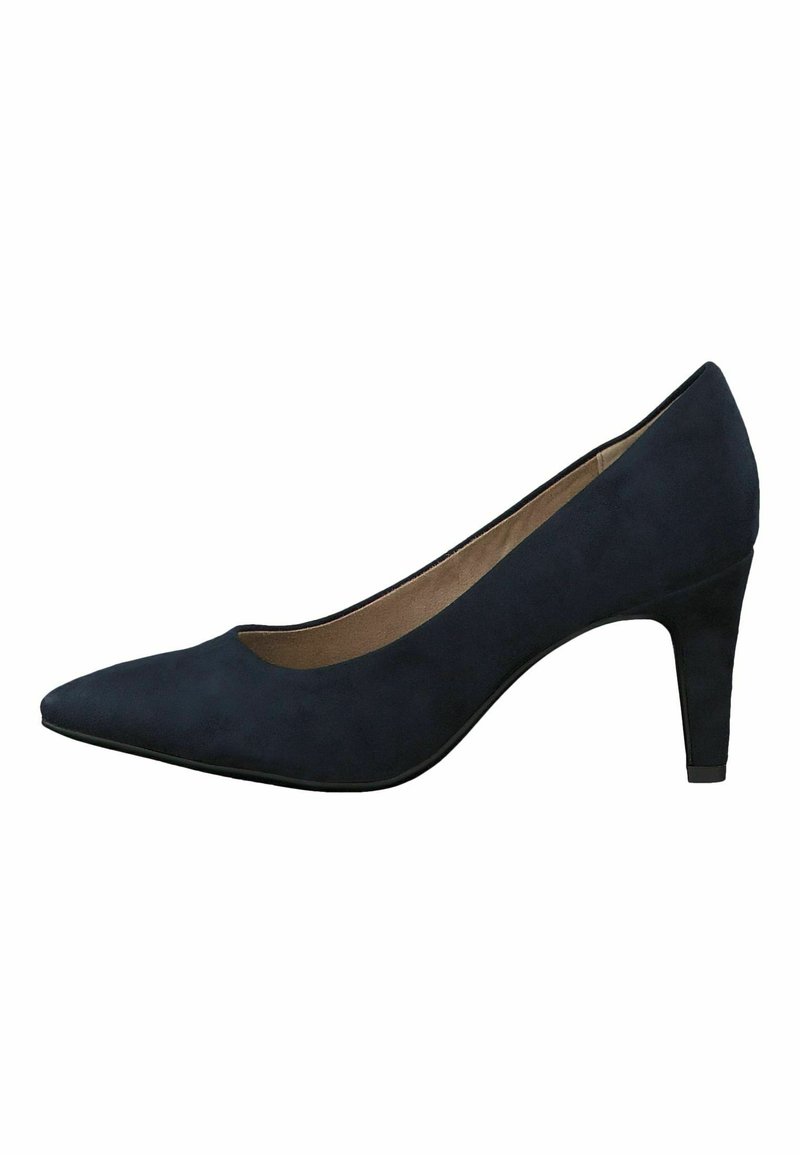 Escarpin pour femme en daim noir à bout pointu avec un talon épais de hauteur moyenne et une doublure intérieure beige, montré de profil sur fond blanc.