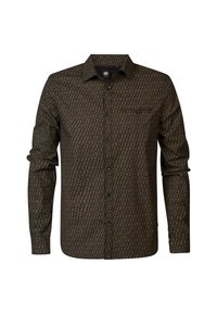 Donkerbedrukt overhemd met lange mouwen en een button-down kraag, met een geometrisch ontwerp in tinten groen, rood en crèmekleurig. Voorzak inbegrepen.