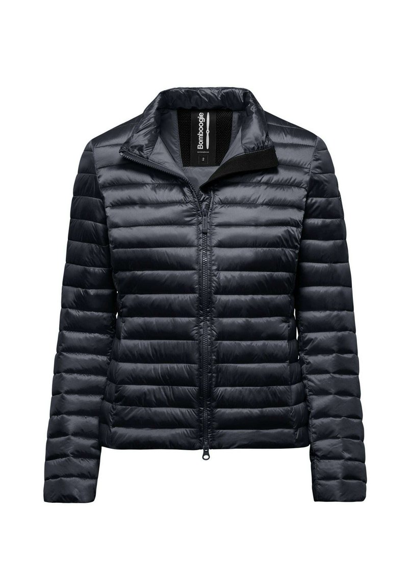 Giacca puffer, blu scuro, leggera, texture trapuntata, chiusura con zip completa, colletto alto, polsini elasticizzati, etichetta del marchio visibile sul colletto.