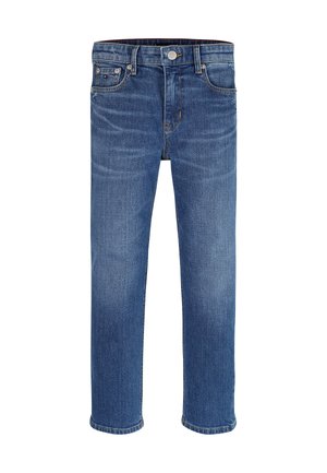 Jean en denim bleu avec une coupe droite, doté d'une fermeture à boutons, cinq poches et un léger délavé subtil sur le tissu.