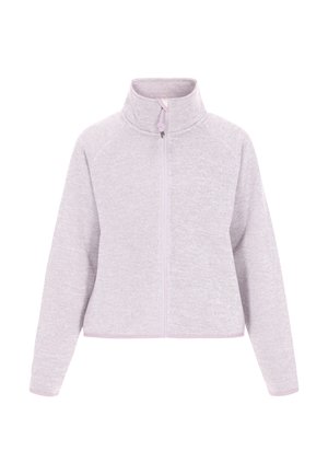 Giacca zip-up grigia chiara con colletto alto e maniche raglan. Presenta un tessuto testurizzato e un bordo a contrasto lungo i bordi.