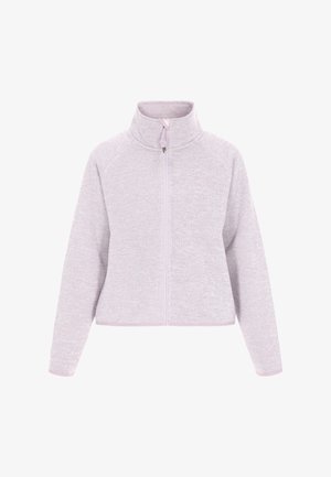 Chaqueta de cremallera gris claro con un alto cuello y mangas raglán. Presenta una tela texturizada y un ribete en contraste a lo largo de los bordes.