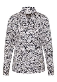 Chemise à manches longues boutonnée en tissu léger, avec une base crème et un motif abstrait bleu marine, ainsi qu'un col.