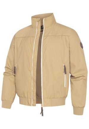Beige jas met ritssluiting, geribde kraag, manchetten en zoom, met twee ritssluiting zakken met bruine trekkoorden en een klein label op de linkermouw.