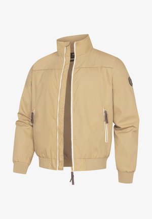 Beige jas met ritssluiting, geribde kraag, manchetten en zoom, met twee ritssluiting zakken met bruine trekkoorden en een klein label op de linkermouw.