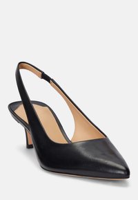 Must mustruvisega kottlik nahast slingback kontsaga king, terava varbaga, madala kuuli kõrgusega, avatud tagumise osaga ja sileda tekstuuriga. Omab beežist aluskanga kerget voodrit.