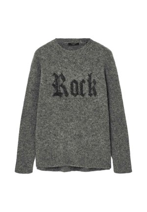 Jersey de lana gris con un cuello redondo, que presenta un gráfico texturizado negro con la palabra "Rock" en una fuente audaz en el frente. Mangas largas y dobladillo acanalado.