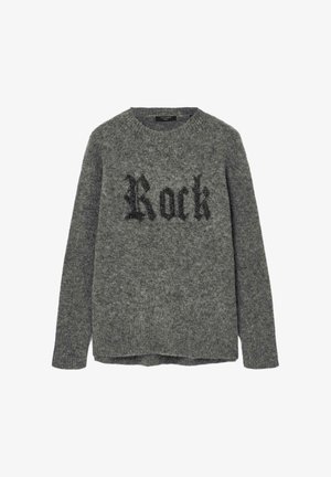 Gray wool sweater with a round neckline, featuring a textured black “Rock” graphic in a bold font across the front. Long sleeves and ribbed hem.