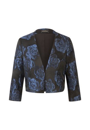 Black cropped jacket with blue rose pattern, structured lapel, and three-quarter sleeves. Smooth texture and open front design.