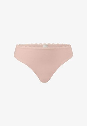 Light pink cotton thong with a delicate scalloped lace waistband. Smooth texture and fitted silhouette, designed for comfort and style.