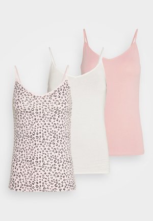 Three camisole tops featuring lightweight fabric. One is leopard print on a pink background, with white and light pink solid colors behind.