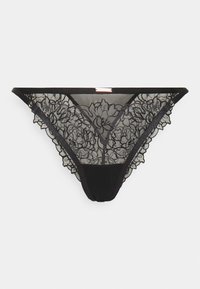 Fio dental de renda preta com bordado floral, tecido transparente com bordas recortadas e cinta preta sólida para suporte.