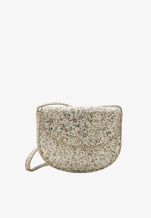 Sac bandoulière doré scintillant avec rabat arrondi et sangle fine ajustable, recouvert de paillettes multicolores.
