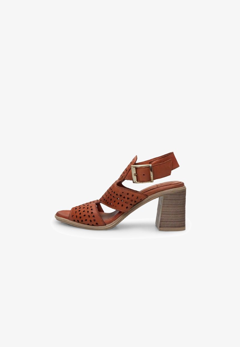 Pruun nahast kõrge kontsaga sandaal, millel on perforatsioonimuster, reguleeritav sääre rihm ja paks puidust konts. Sile tekstuur ja avatud varvasaal.