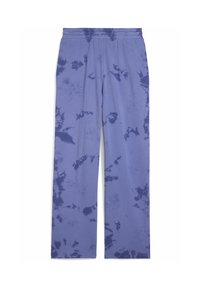 Violeta saistīto krāsu bikses ir izgatavotas no mīkstas auduma, tām ir brīva piegriezuma siluets, elastīgs jostasvīrs un nevienmērīgi raksti tumšākos violeta toņos.