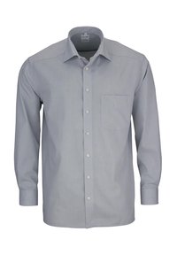 Helles graues Langarmhemd mit Knopfleiste, strukturiertem Kragen, einer Brusttasche und vertikalen Streifen. Aus glattem Stoff gefertigt.