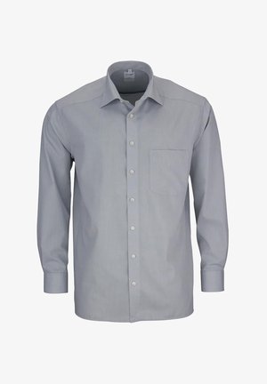 Helles graues Langarmhemd mit Knopfleiste, strukturiertem Kragen, einer Brusttasche und vertikalen Streifen. Aus glattem Stoff gefertigt.