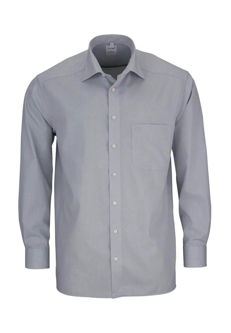 Helles graues Langarmhemd mit Knopfleiste, strukturiertem Kragen, einer Brusttasche und vertikalen Streifen. Aus glattem Stoff gefertigt.