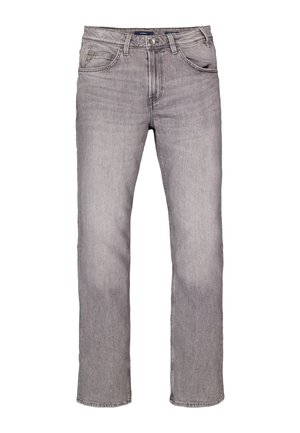 Grijze denim jeans met een rechte pijp, voorzien van vijf zakken, lichte slijtage en een standaard tailleband met riemlussen.