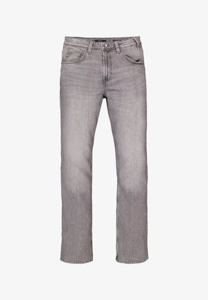 Grijze denim jeans met een rechte pijp, voorzien van vijf zakken, lichte slijtage en een standaard tailleband met riemlussen.