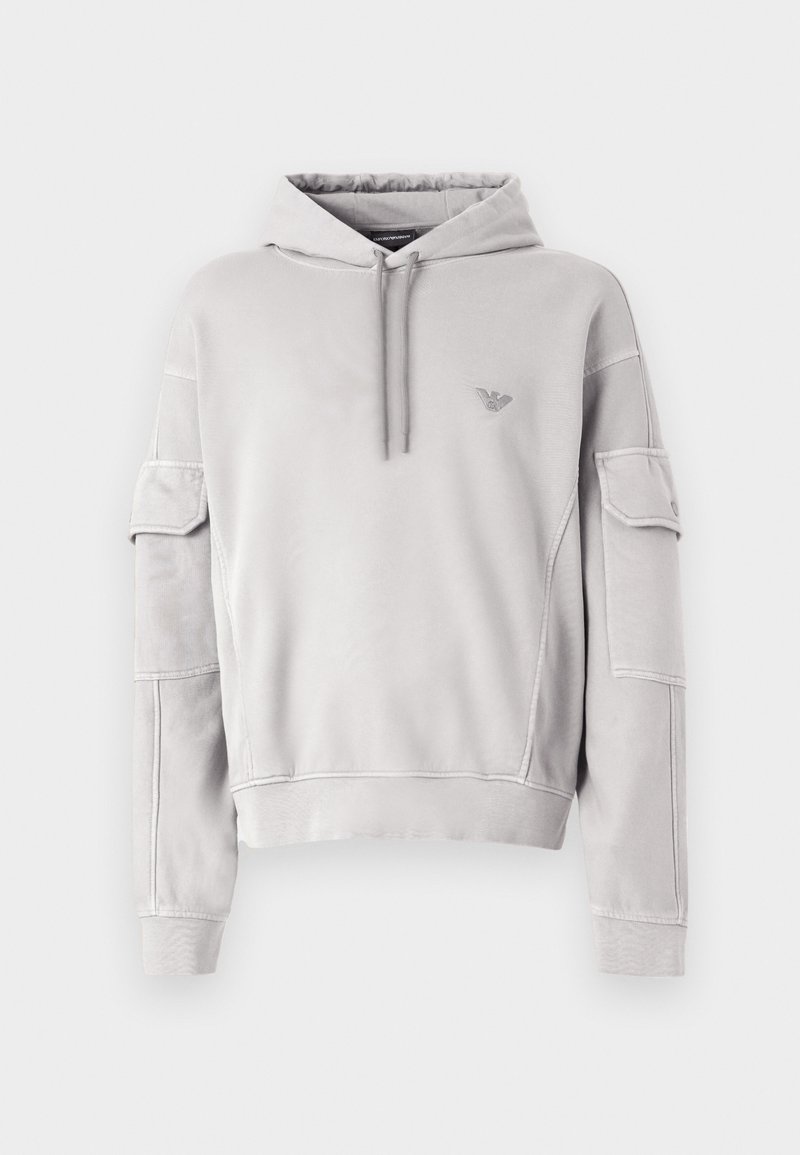 Light gray hooded sweatshirt with front drawstrings, ribbed cuffs, and two flap pockets on the upper sleeves, featuring a small logo on the chest.