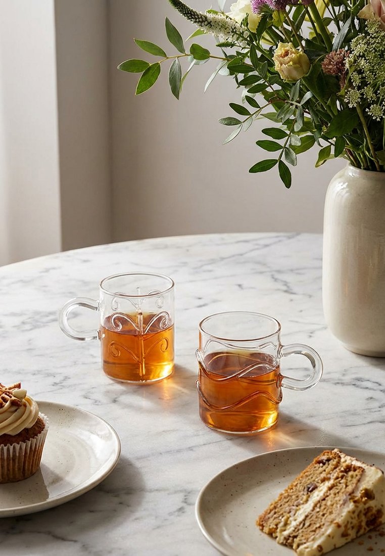 Dwa przezroczyste szklane kubki z herbatą, babeczka na talerzu, plasterek warstwowego ciasta na talerzu oraz wazon z mieszanymi kwiatami na marmurowym stole.
