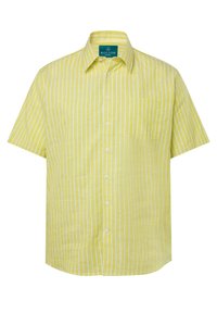 Camicia a maniche corte, con bottoni, di colore giallo chiaro con righe verticali bianche. Presenta una tasca sul petto e un colletto standard.