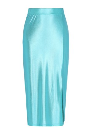 Aqua-blaue Satin-Midi-Rock mit figurbetontem Design, seitlichem Schlitz und glatter, glänzender Textur. Schlichte Taillierung.