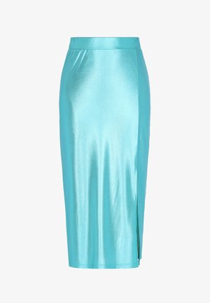 Aqua-blaue Satin-Midi-Rock mit figurbetontem Design, seitlichem Schlitz und glatter, glänzender Textur. Schlichte Taillierung.