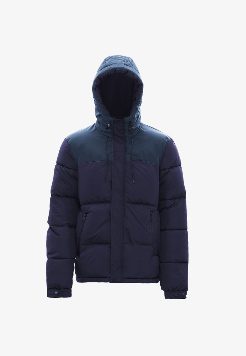 Giacca piumino blu navy e verde scuro con zip frontale, cappuccio e tasche laterali. Presenta un design trapuntato con una texture liscia.