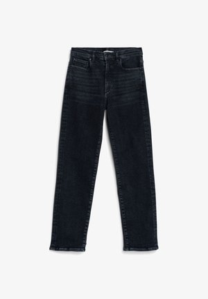 Donker denim jeans met een recht gesneden ontwerp, voorzien van een vijfzakkenlay-out en contrasterende stiksels. Geen zichtbare slijtage of versieringen.