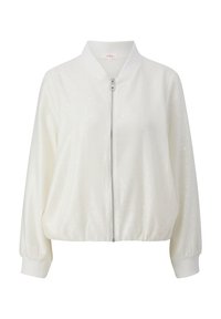 Veste bomber blanche à manches longues avec fermeture éclair frontale, col côtelé, poignets et ourlet élastique, présentant un tissu subtilement texturé.