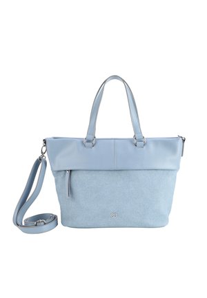 Sac à main bleu avec un corps en tissu texturé et un dessus en cuir lisse, présentant deux poignées et une bandoulière amovible. Accents en métal argenté.
