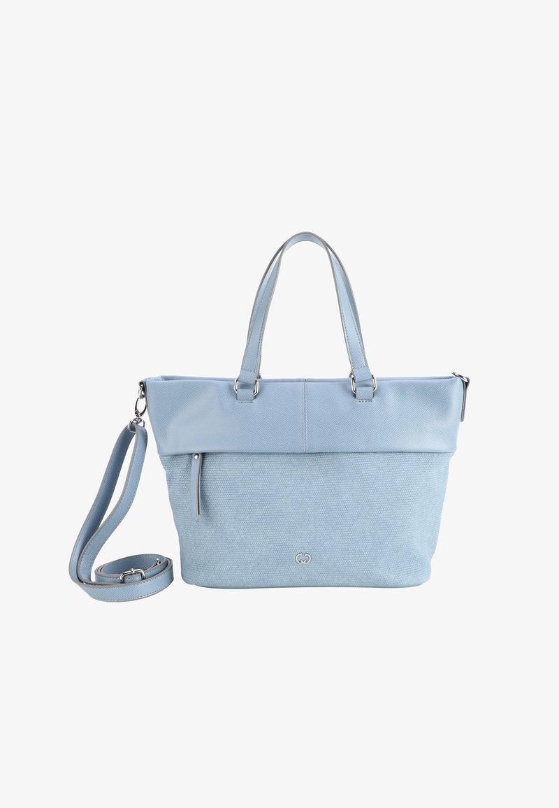 Blaues Handtuch mit einem strukturierten Stoffkörper und einer glatten Lederoberfläche, ausgestattet mit zwei Griffen und einem abnehmbaren Schultergurt. Silberne Hardwareakzente.