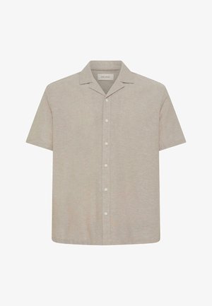 Beež lühikeste varrukatega nööbitav särk koos laagrikraega ja seitsme nööbiga eest, valmistatud kergetest kangastest.