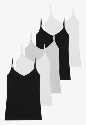 Set of six tank tops: black, white, gray colors. Made of soft fabric, featuring thin spaghetti straps and a v-neck design.