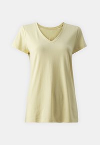 Keltainen puuvillapaita, jossa on V-pääntie ja lyhyet hihat. Pehmeä rakenne, kevyt kangas ja rento muotoilu. Ei kuvioita tai yksityiskohtia näkyvissä.