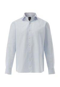 Camicia a maniche lunghe blu chiaro con sottili righe verticali bianche. Presenta un colletto a punta e sette bottoni bianchi sulla parte frontale. Tessuto di cotone.
